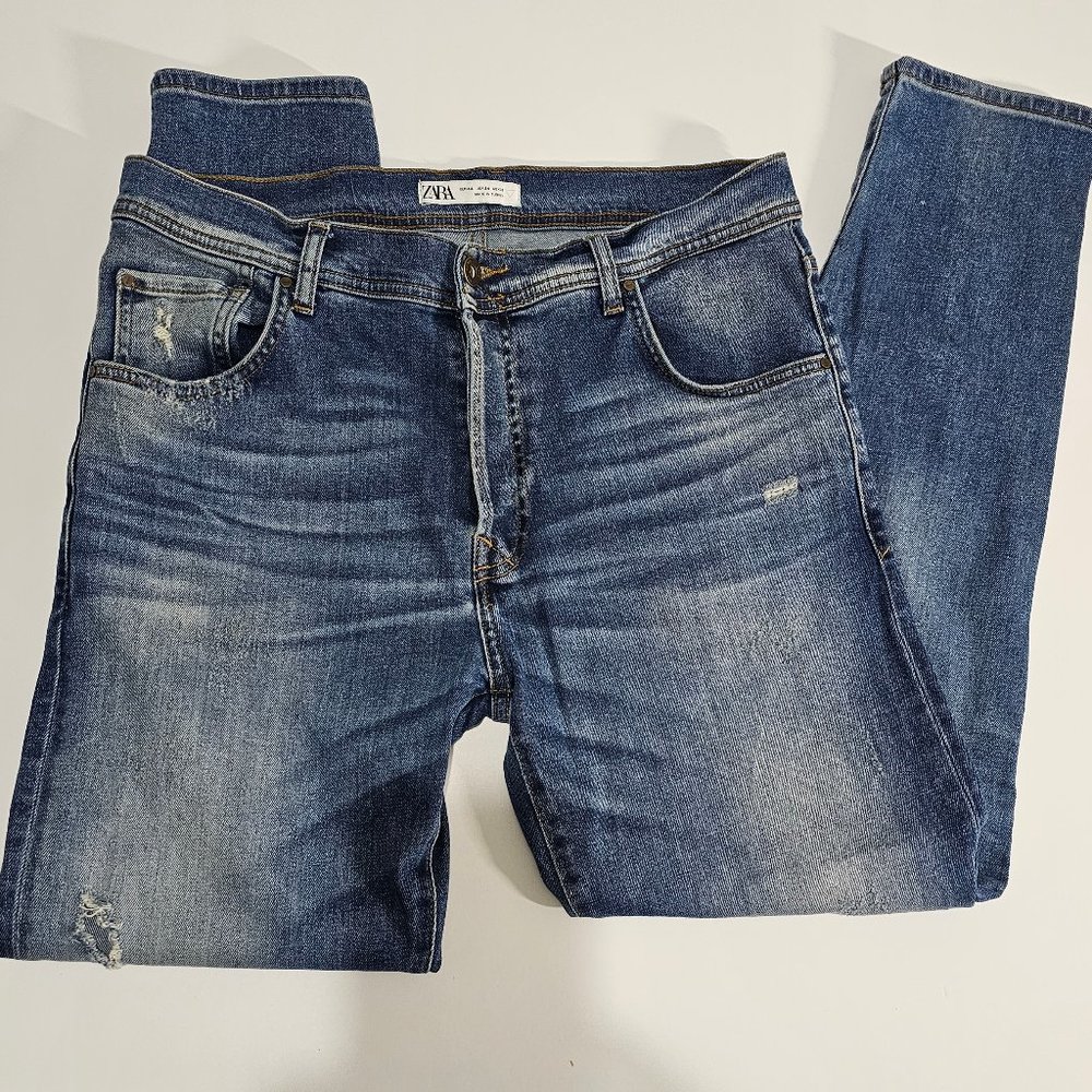 ZARA MEN'S RIPPED SKINNY MID-BLUE JEANS size 34/29
